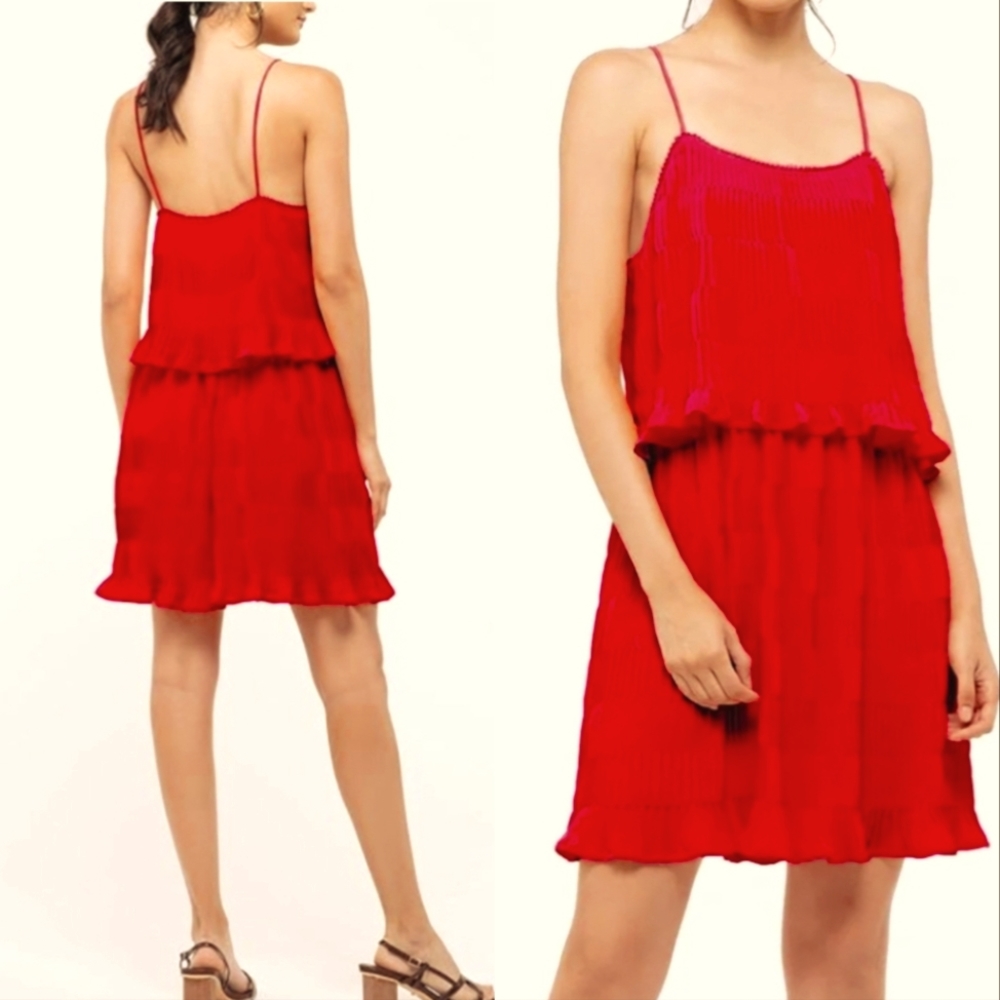 NEW Moon River Anthropologie Mini Dress Dark Pink Tiered Pleated Lace Trim Sz S
